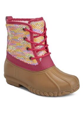 Girls Pink Sequin Lace-Up Rain Duck Boot.
Size 4